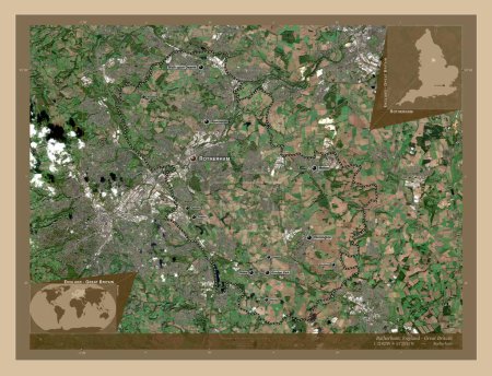 Téléchargez les photos : Rotherham, comté administratif d'Angleterre - Grande-Bretagne. Carte satellite basse résolution. Emplacements et noms des grandes villes de la région. Corner cartes de localisation auxiliaires - en image libre de droit