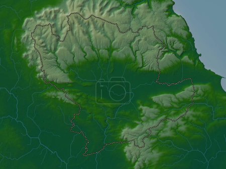 Téléchargez les photos : Ryedale, district non métropolitain d'Angleterre - Grande-Bretagne. Carte d'altitude colorée avec lacs et rivières - en image libre de droit