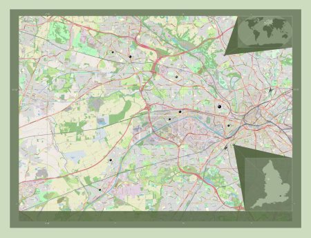 Photo for Salford, administrative county of England - Great Britain. Open Street Map. Locations of major cities of the region. Corner auxiliary location maps - Royalty Free Image