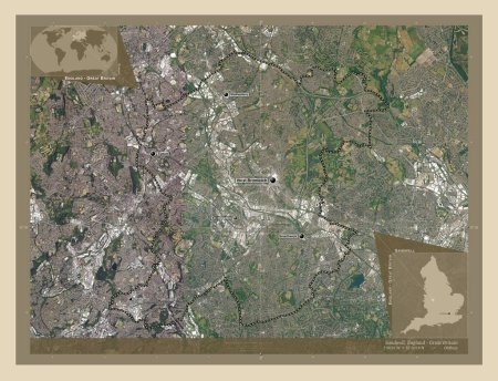 Foto de Sandwell, condado administrativo de Inglaterra - Gran Bretaña. Mapa satelital de alta resolución. Ubicaciones y nombres de las principales ciudades de la región. Mapas de ubicación auxiliares de esquina - Imagen libre de derechos