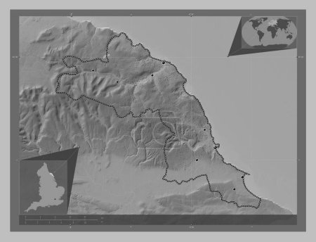 Photo for Scarborough, non metropolitan district of England - Great Britain. Grayscale elevation map with lakes and rivers. Locations of major cities of the region. Corner auxiliary location maps - Royalty Free Image