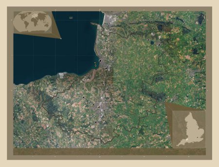 Photo for Sedgemoor, non metropolitan district of England - Great Britain. High resolution satellite map. Locations of major cities of the region. Corner auxiliary location maps - Royalty Free Image