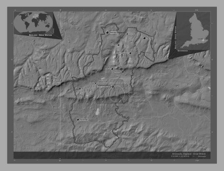 Photo for Sevenoaks, non metropolitan district of England - Great Britain. Bilevel elevation map with lakes and rivers. Locations and names of major cities of the region. Corner auxiliary location maps - Royalty Free Image