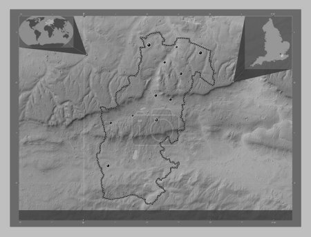 Photo for Sevenoaks, non metropolitan district of England - Great Britain. Grayscale elevation map with lakes and rivers. Locations of major cities of the region. Corner auxiliary location maps - Royalty Free Image
