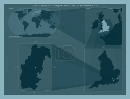 Foto de Sevenoaks, distrito no metropolitano de Inglaterra Gran Bretaña. Diagrama que muestra la ubicación de la región en mapas a gran escala. Composición de marcos vectoriales y formas PNG sobre un fondo sólido - Imagen libre de derechos