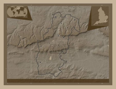 Photo for Sevenoaks, non metropolitan district of England - Great Britain. Elevation map colored in sepia tones with lakes and rivers. Locations of major cities of the region. Corner auxiliary location maps - Royalty Free Image