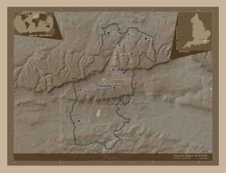 Photo for Sevenoaks, non metropolitan district of England - Great Britain. Elevation map colored in sepia tones with lakes and rivers. Locations and names of major cities of the region. Corner auxiliary location maps - Royalty Free Image