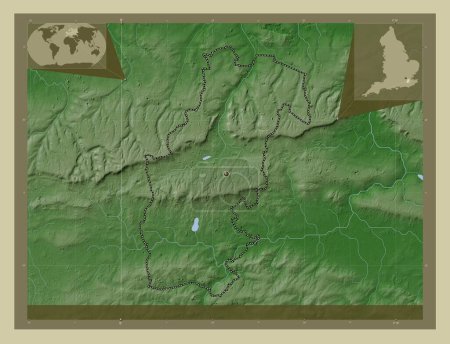 Téléchargez les photos : Sevenoaks, district non métropolitain d'Angleterre - Grande-Bretagne. Carte d'altitude colorée dans le style wiki avec des lacs et des rivières. Corner cartes de localisation auxiliaires - en image libre de droit