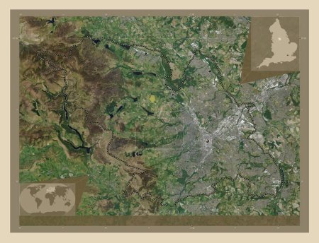 Foto de Sheffield, condado administrativo de Inglaterra - Gran Bretaña. Mapa satelital de alta resolución. Ubicaciones de las principales ciudades de la región. Mapas de ubicación auxiliares de esquina - Imagen libre de derechos