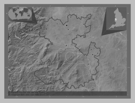 Photo for Shropshire, administrative county of England - Great Britain. Grayscale elevation map with lakes and rivers. Locations of major cities of the region. Corner auxiliary location maps - Royalty Free Image