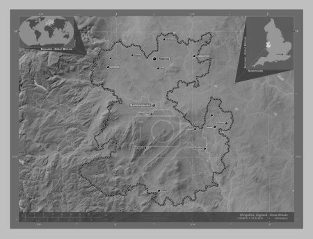 Foto de Shropshire, condado administrativo de Inglaterra - Gran Bretaña. Mapa de elevación a escala de grises con lagos y ríos. Ubicaciones y nombres de las principales ciudades de la región. Mapas de ubicación auxiliares de esquina - Imagen libre de derechos