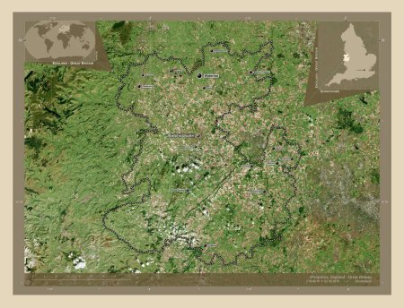 Foto de Shropshire, condado administrativo de Inglaterra - Gran Bretaña. Mapa satelital de alta resolución. Ubicaciones y nombres de las principales ciudades de la región. Mapas de ubicación auxiliares de esquina - Imagen libre de derechos
