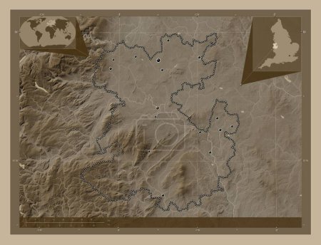 Photo for Shropshire, administrative county of England - Great Britain. Elevation map colored in sepia tones with lakes and rivers. Locations of major cities of the region. Corner auxiliary location maps - Royalty Free Image