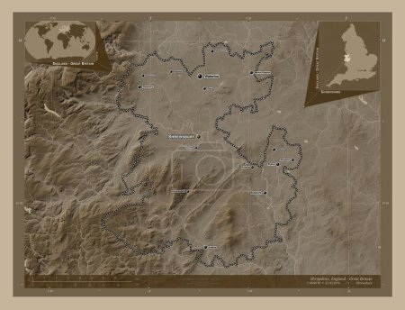 Photo for Shropshire, administrative county of England - Great Britain. Elevation map colored in sepia tones with lakes and rivers. Locations and names of major cities of the region. Corner auxiliary location maps - Royalty Free Image