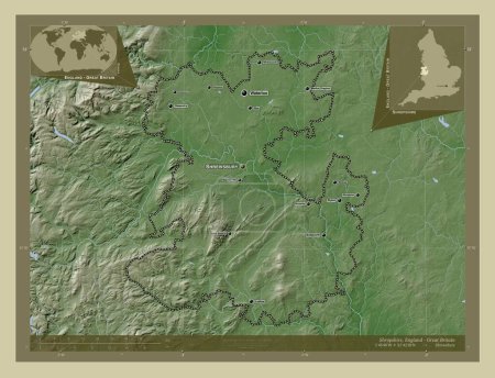 Foto de Shropshire, condado administrativo de Inglaterra - Gran Bretaña. Mapa de elevación coloreado en estilo wiki con lagos y ríos. Ubicaciones y nombres de las principales ciudades de la región. Mapas de ubicación auxiliares de esquina - Imagen libre de derechos