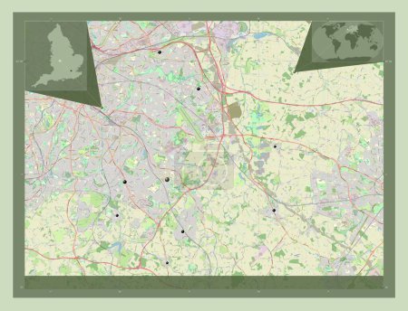 Foto de Solihull, autoridad unitaria de Inglaterra Gran Bretaña. Open Street Map. Ubicaciones de las principales ciudades de la región. Mapas de ubicación auxiliares de esquina - Imagen libre de derechos