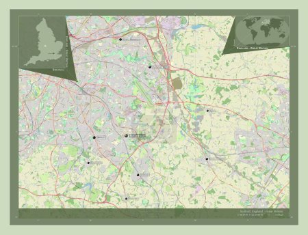 Foto de Solihull, autoridad unitaria de Inglaterra Gran Bretaña. Open Street Map. Ubicaciones y nombres de las principales ciudades de la región. Mapas de ubicación auxiliares de esquina - Imagen libre de derechos