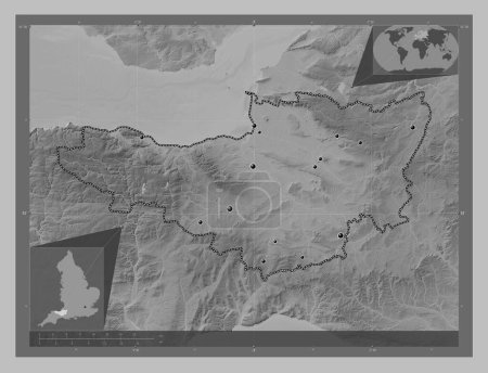 Photo for Somerset, administrative county of England - Great Britain. Grayscale elevation map with lakes and rivers. Locations of major cities of the region. Corner auxiliary location maps - Royalty Free Image