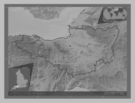 Photo for Somerset, administrative county of England - Great Britain. Grayscale elevation map with lakes and rivers. Locations and names of major cities of the region. Corner auxiliary location maps - Royalty Free Image