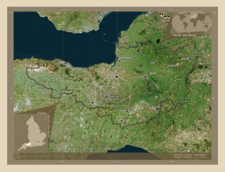 Photo for Somerset, administrative county of England - Great Britain. High resolution satellite map. Locations and names of major cities of the region. Corner auxiliary location maps - Royalty Free Image