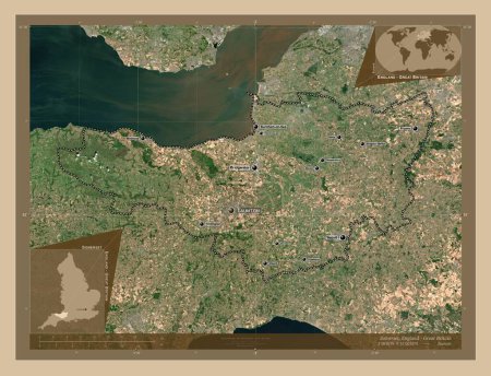 Photo for Somerset, administrative county of England - Great Britain. Low resolution satellite map. Locations and names of major cities of the region. Corner auxiliary location maps - Royalty Free Image