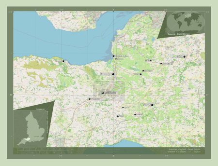 Téléchargez les photos : Somerset, comté administratif d'Angleterre - Grande-Bretagne. Ouvrir la carte routière. Emplacements et noms des grandes villes de la région. Corner cartes de localisation auxiliaires - en image libre de droit
