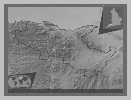 Photo for Somerset West and Taunton, non metropolitan district of England - Great Britain. Grayscale elevation map with lakes and rivers. Corner auxiliary location maps - Royalty Free Image