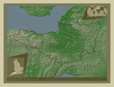Téléchargez les photos : Somerset, comté administratif d'Angleterre - Grande-Bretagne. Carte d'altitude colorée dans le style wiki avec des lacs et des rivières. Emplacements des grandes villes de la région. Corner cartes de localisation auxiliaires - en image libre de droit