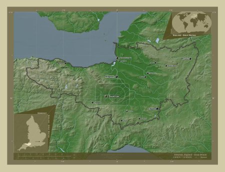 Photo for Somerset, administrative county of England - Great Britain. Elevation map colored in wiki style with lakes and rivers. Locations and names of major cities of the region. Corner auxiliary location maps - Royalty Free Image