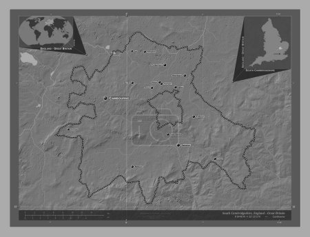 Foto de South Cambridgeshire, distrito no metropolitano de Inglaterra Gran Bretaña. Mapa de elevación de Bilevel con lagos y ríos. Ubicaciones y nombres de las principales ciudades de la región. Mapas de ubicación auxiliares de esquina - Imagen libre de derechos