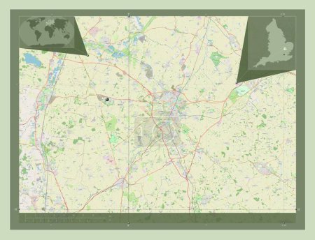 Téléchargez les photos : Cambridgeshire du Sud, district non métropolitain d'Angleterre - Grande-Bretagne. Ouvrir la carte routière. Corner cartes de localisation auxiliaires - en image libre de droit