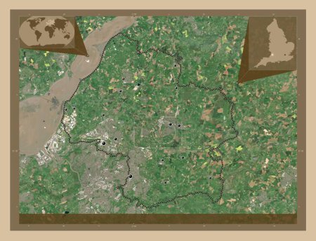 Foto de South Gloucestershire, autoridad unitaria de Inglaterra Gran Bretaña. Mapa satelital de baja resolución. Ubicaciones de las principales ciudades de la región. Mapas de ubicación auxiliares de esquina - Imagen libre de derechos