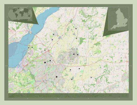 Foto de South Gloucestershire, autoridad unitaria de Inglaterra Gran Bretaña. Open Street Map. Ubicaciones de las principales ciudades de la región. Mapas de ubicación auxiliares de esquina - Imagen libre de derechos
