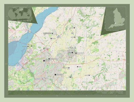 Foto de South Gloucestershire, autoridad unitaria de Inglaterra Gran Bretaña. Open Street Map. Ubicaciones y nombres de las principales ciudades de la región. Mapas de ubicación auxiliares de esquina - Imagen libre de derechos