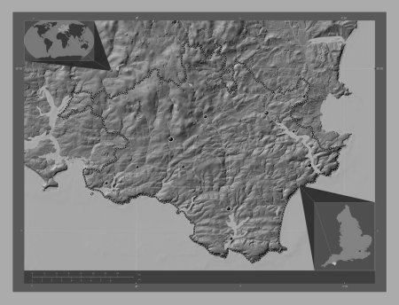 Photo for South Hams, non metropolitan district of England - Great Britain. Bilevel elevation map with lakes and rivers. Locations of major cities of the region. Corner auxiliary location maps - Royalty Free Image