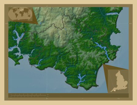 Téléchargez les photos : Hams du Sud, district non métropolitain d'Angleterre - Grande-Bretagne. Carte d'altitude colorée avec lacs et rivières. Corner cartes de localisation auxiliaires - en image libre de droit