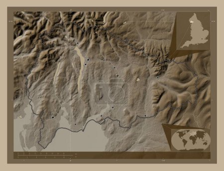 Photo for South Lakeland, non metropolitan district of England - Great Britain. Elevation map colored in sepia tones with lakes and rivers. Locations of major cities of the region. Corner auxiliary location maps - Royalty Free Image