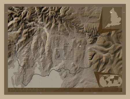 Photo for South Lakeland, non metropolitan district of England - Great Britain. Elevation map colored in sepia tones with lakes and rivers. Corner auxiliary location maps - Royalty Free Image