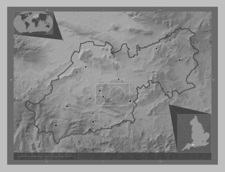 Photo for South Somerset, non metropolitan district of England - Great Britain. Grayscale elevation map with lakes and rivers. Locations of major cities of the region. Corner auxiliary location maps - Royalty Free Image