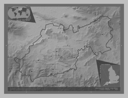Photo for South Somerset, non metropolitan district of England - Great Britain. Grayscale elevation map with lakes and rivers. Locations and names of major cities of the region. Corner auxiliary location maps - Royalty Free Image