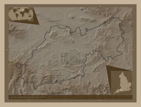 Photo for South Somerset, non metropolitan district of England - Great Britain. Elevation map colored in sepia tones with lakes and rivers. Locations of major cities of the region. Corner auxiliary location maps - Royalty Free Image