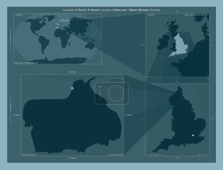 Foto de South Tyneside, condado de Inglaterra - Gran Bretaña. Diagrama que muestra la ubicación de la región en mapas a gran escala. Composición de marcos vectoriales y formas PNG sobre un fondo sólido - Imagen libre de derechos