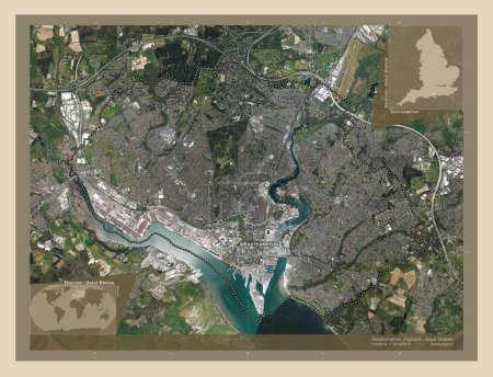 Foto de Southampton, autoridad unitaria de Inglaterra Gran Bretaña. Mapa satelital de alta resolución. Ubicaciones y nombres de las principales ciudades de la región. Mapas de ubicación auxiliares de esquina - Imagen libre de derechos