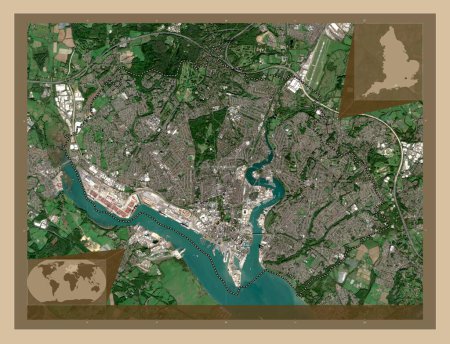 Téléchargez les photos : Southampton, autorité unitaire de l'Angleterre - Grande-Bretagne. Carte satellite basse résolution. Corner cartes de localisation auxiliaires - en image libre de droit