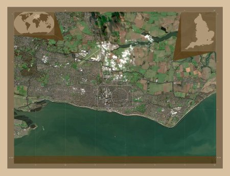 Téléchargez les photos : Southend-on-Sea, autorité unitaire de l'Angleterre - Grande-Bretagne. Carte satellite basse résolution. Corner cartes de localisation auxiliaires - en image libre de droit