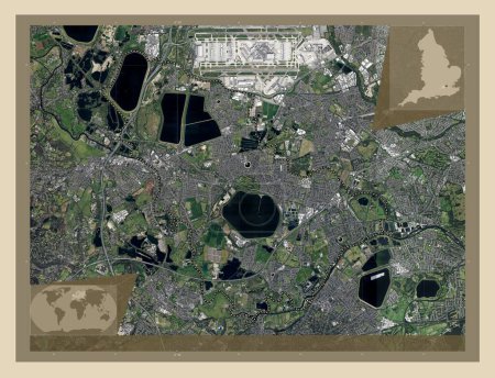 Photo for Spelthorne, non metropolitan district of England - Great Britain. High resolution satellite map. Locations of major cities of the region. Corner auxiliary location maps - Royalty Free Image