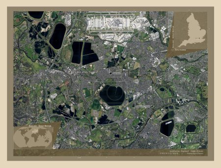 Photo for Spelthorne, non metropolitan district of England - Great Britain. High resolution satellite map. Locations and names of major cities of the region. Corner auxiliary location maps - Royalty Free Image