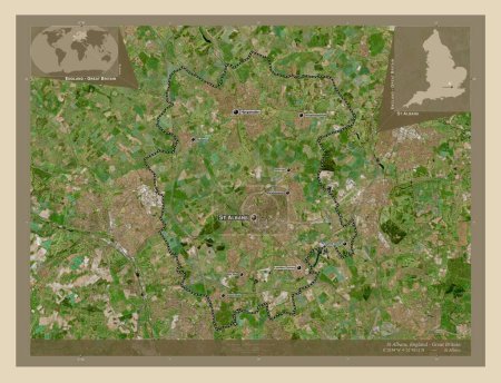 Foto de St Albans, distrito no metropolitano de Inglaterra - Gran Bretaña. Mapa satelital de alta resolución. Ubicaciones y nombres de las principales ciudades de la región. Mapas de ubicación auxiliares de esquina - Imagen libre de derechos