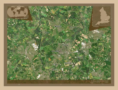 Photo for St Albans, non metropolitan district of England - Great Britain. Low resolution satellite map. Locations and names of major cities of the region. Corner auxiliary location maps - Royalty Free Image