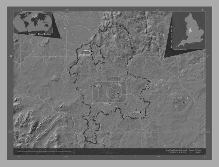 Photo for Staffordshire, administrative county of England - Great Britain. Bilevel elevation map with lakes and rivers. Locations and names of major cities of the region. Corner auxiliary location maps - Royalty Free Image